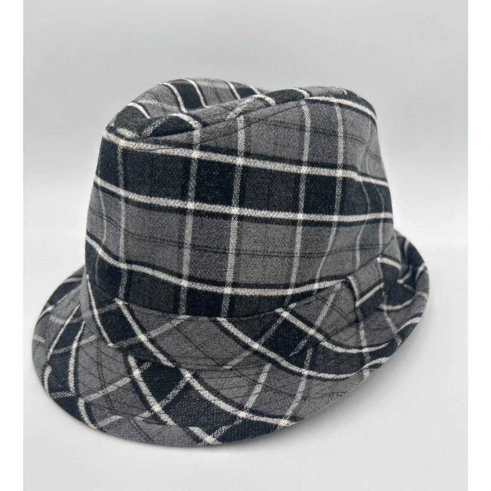 Grey Black Plaid Fedora Hat‎ Classic Tartan Short Brim Unisex Trilby Style